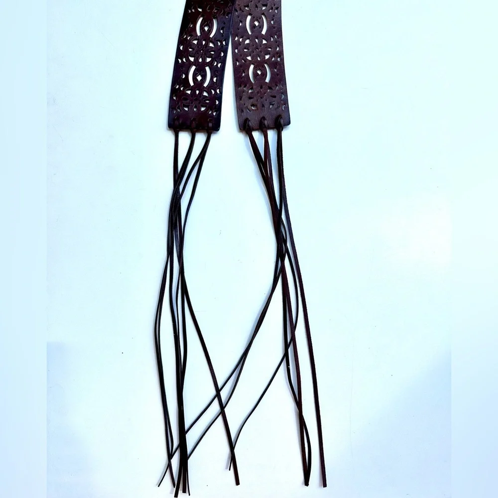 Elegant Leather Cutout Belt, Fringe Ties, Dark Brown